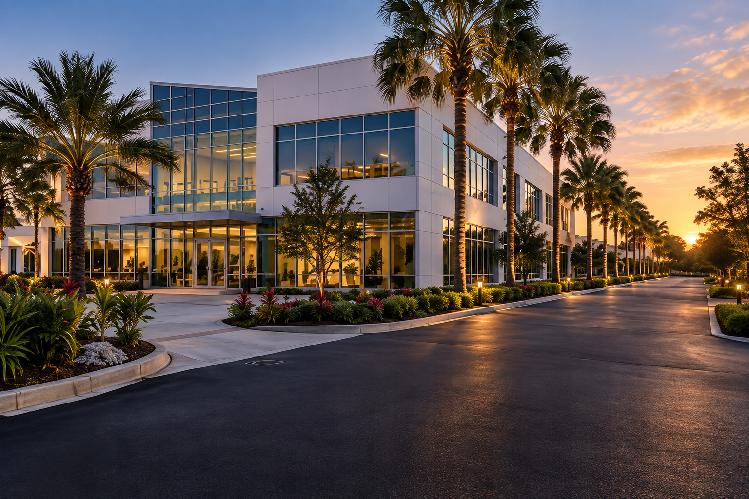 Palm-lined commercial property at sunset
