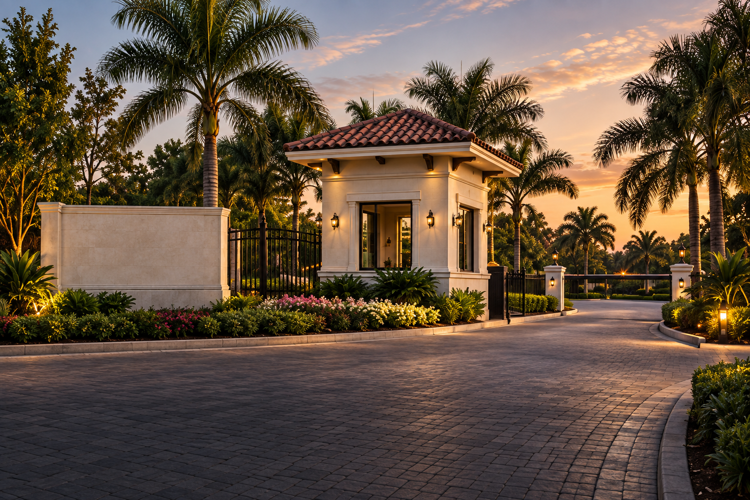 Palm-lined residential gatehouse and community entrance at sunset