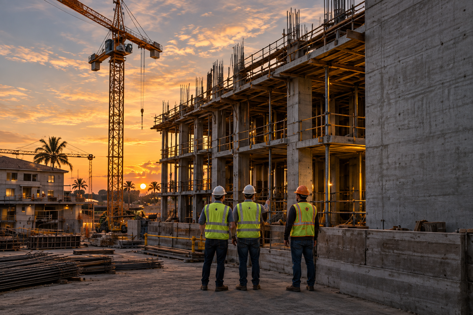 Construction team overlooking an active building site at sunset