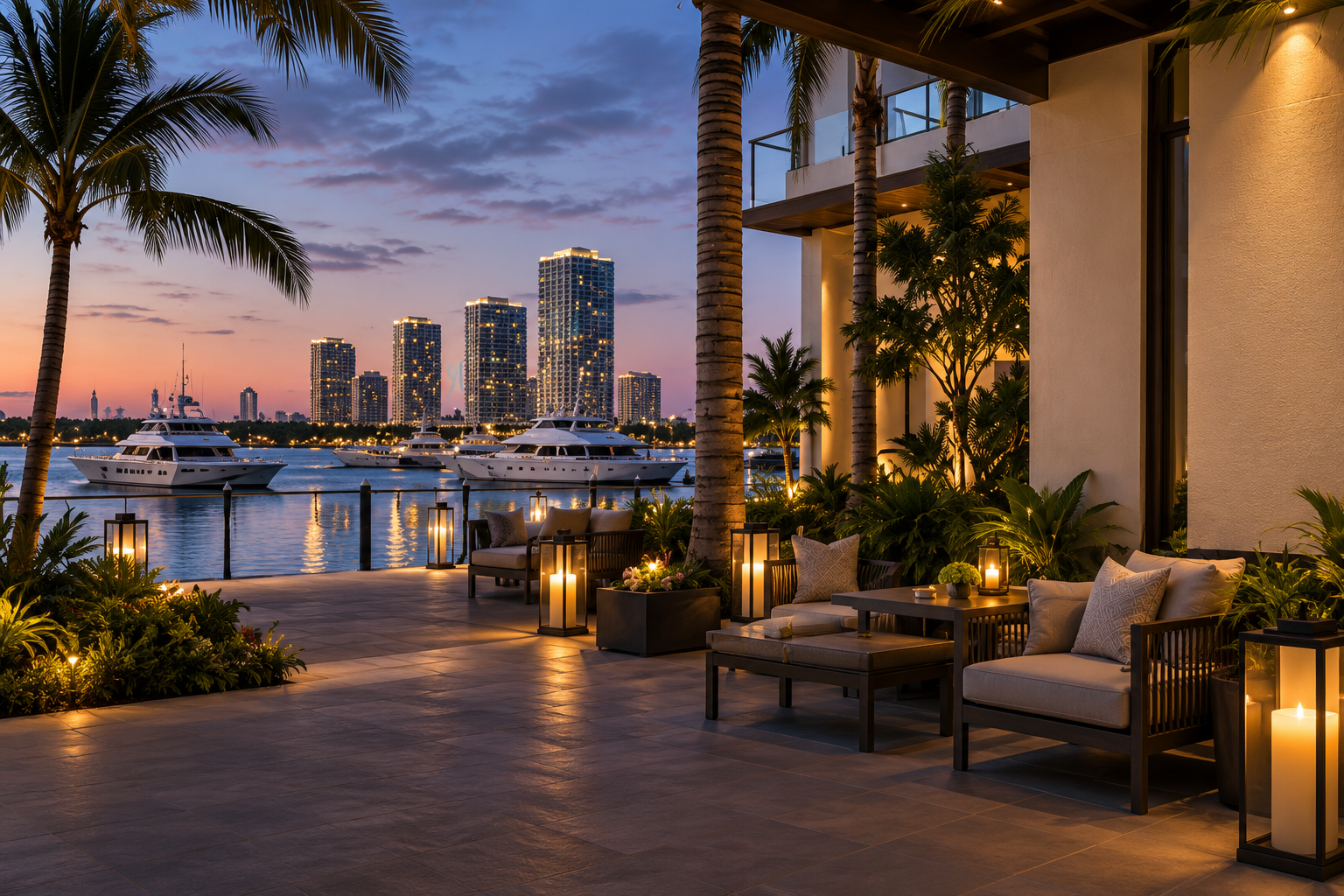 Waterfront hospitality terrace with palm trees and a marina at dusk