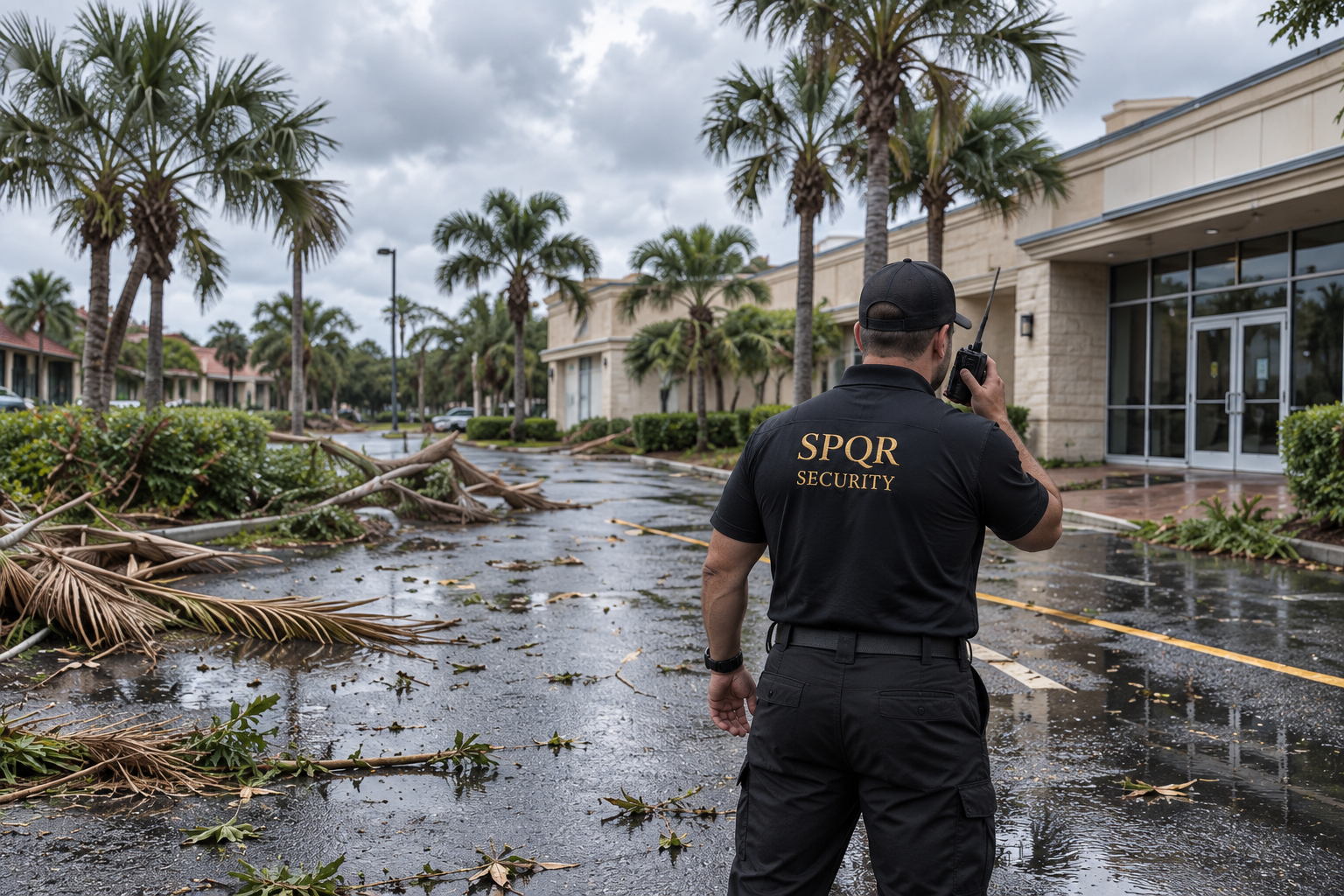 Security officer using a radio at a storm-affected commercial property