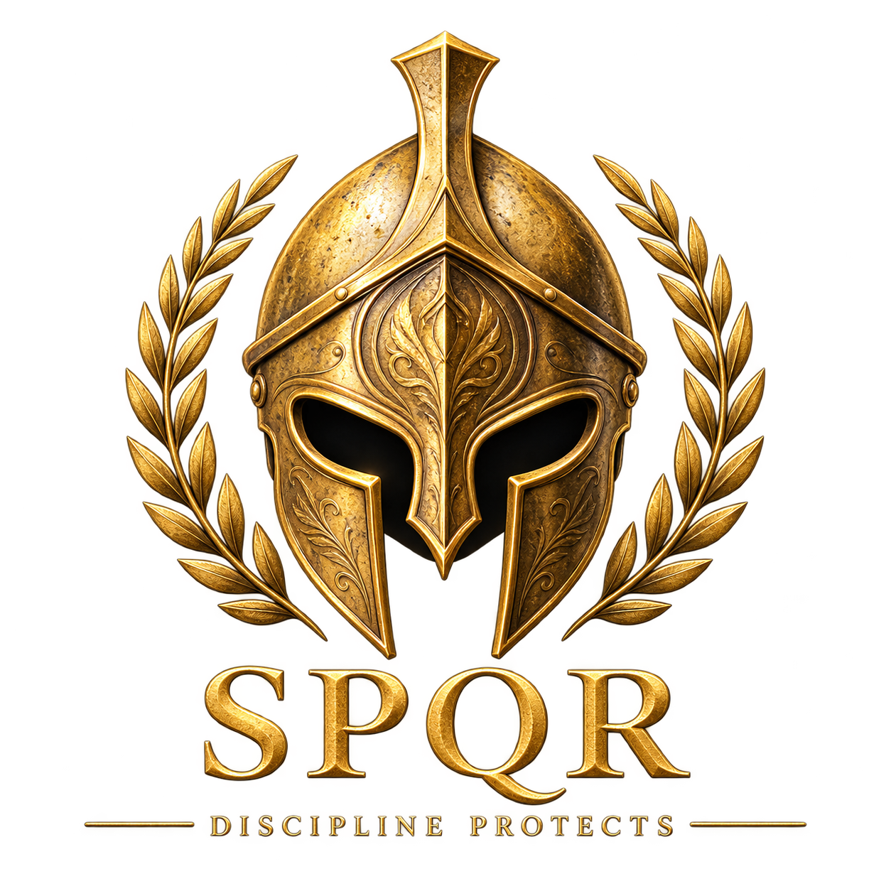 Gold Spartan helmet with laurel branches and SPQR wordmark