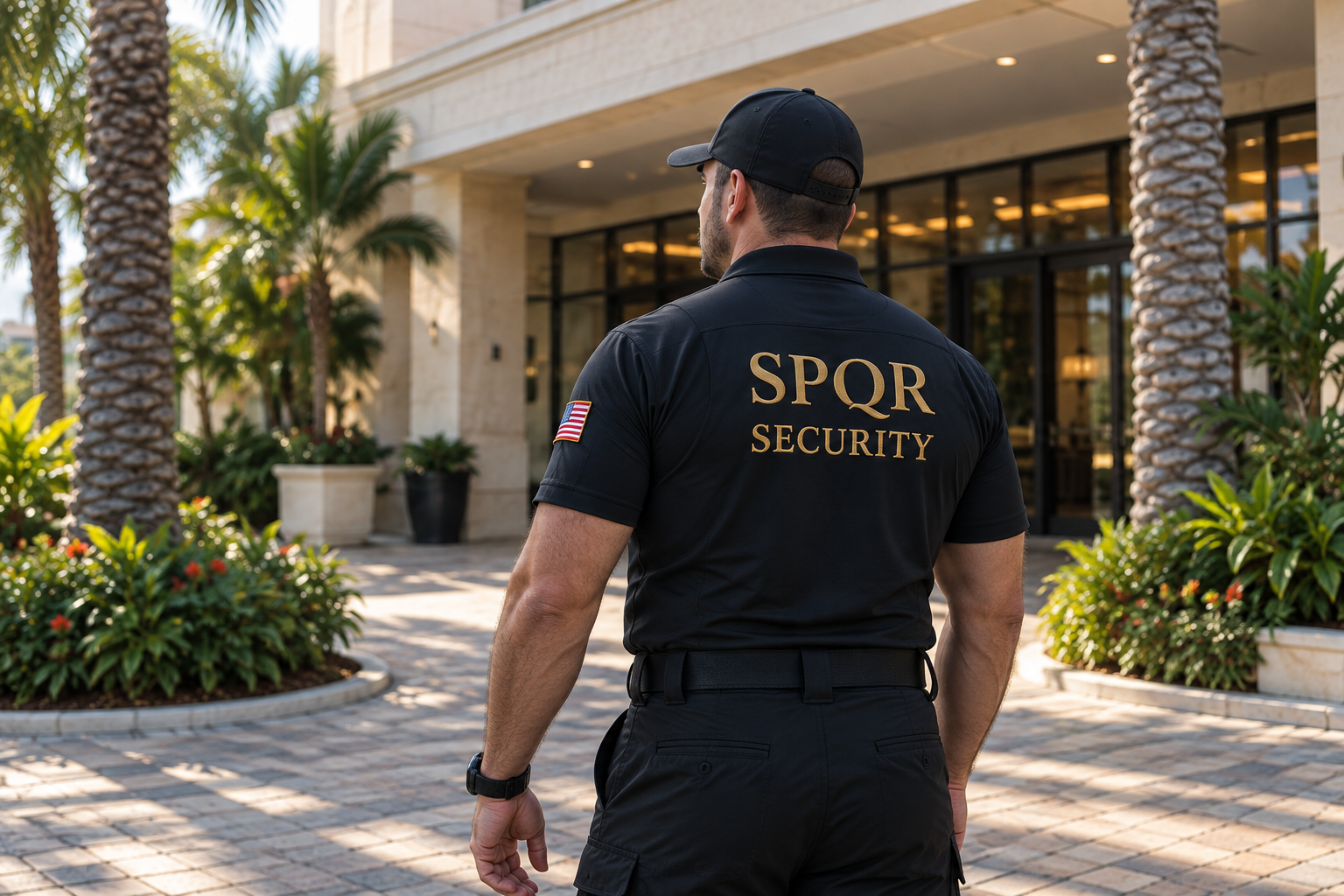 Security officer viewed from behind at a Florida property entrance