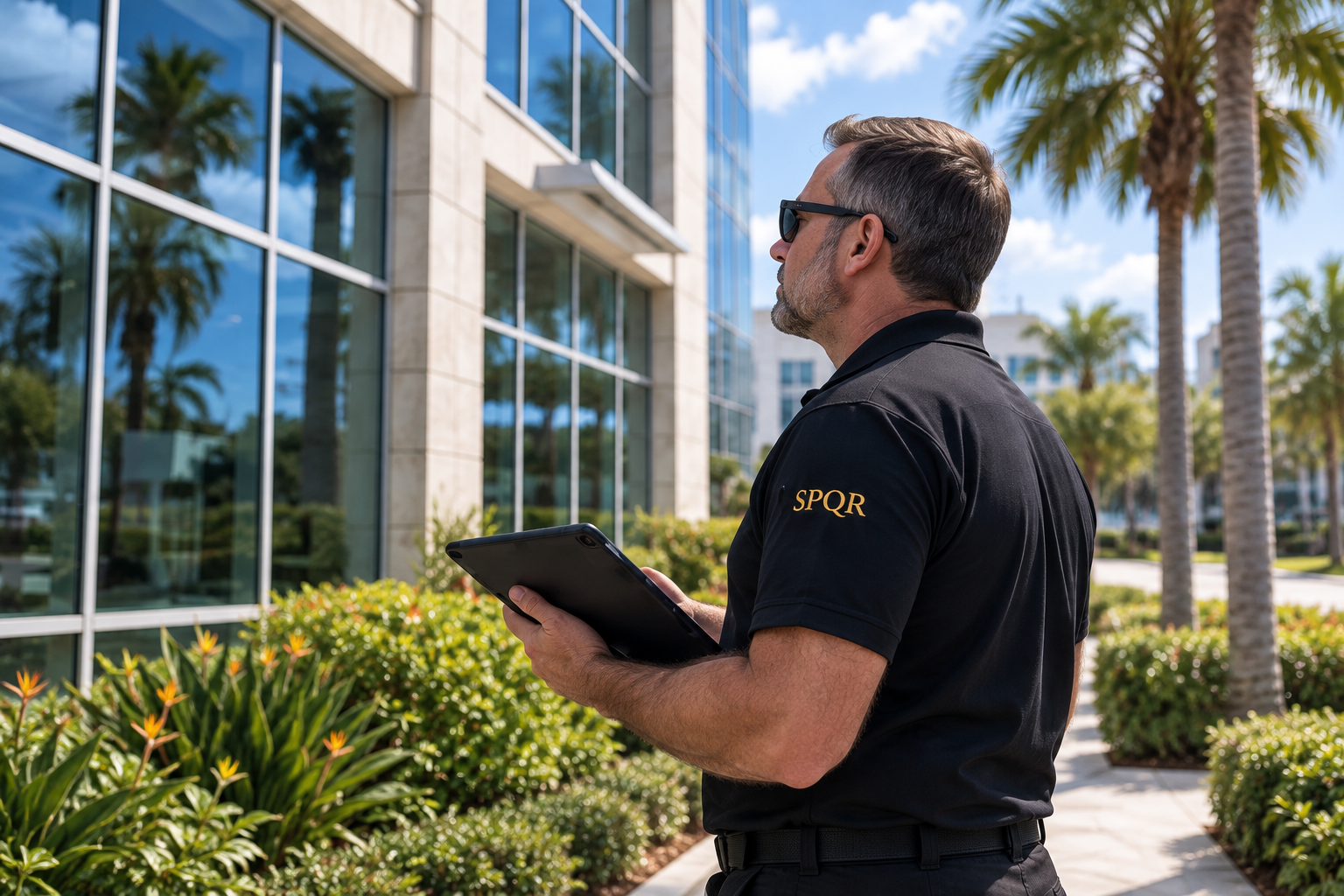 Security consultant holding a tablet outside a glass commercial building